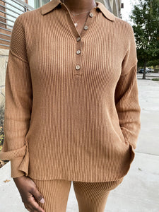 Collared Button Up Sweater Set- Camel - So Underdressed