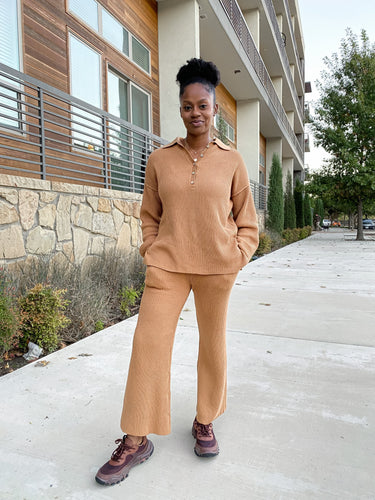 Collared Button Up Sweater Set- Camel - So Underdressed