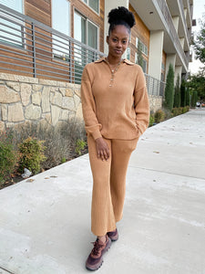 Collared Button Up Sweater Set- Camel - So Underdressed