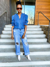 Load image into Gallery viewer, Denim Ruffle Button Down Top - So Underdressed
