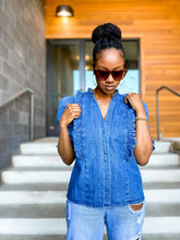 Load image into Gallery viewer, Denim Ruffle Button Down Top - So Underdressed

