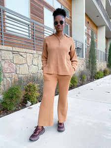 Collared Button Up Sweater Set- Camel- FINAL SALE