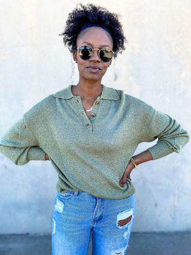 Lightweight Knit Polo Sweater- Olive - So Underdressed