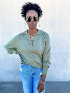 Lightweight Knit Polo Sweater- Olive - So Underdressed