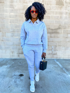 Polo Sweatshirt and Slim Fit Joggers- Heather Gray - So Underdressed