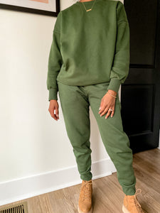 The Pocket Crew Neck Sweat Set-Army Green - So Underdressed